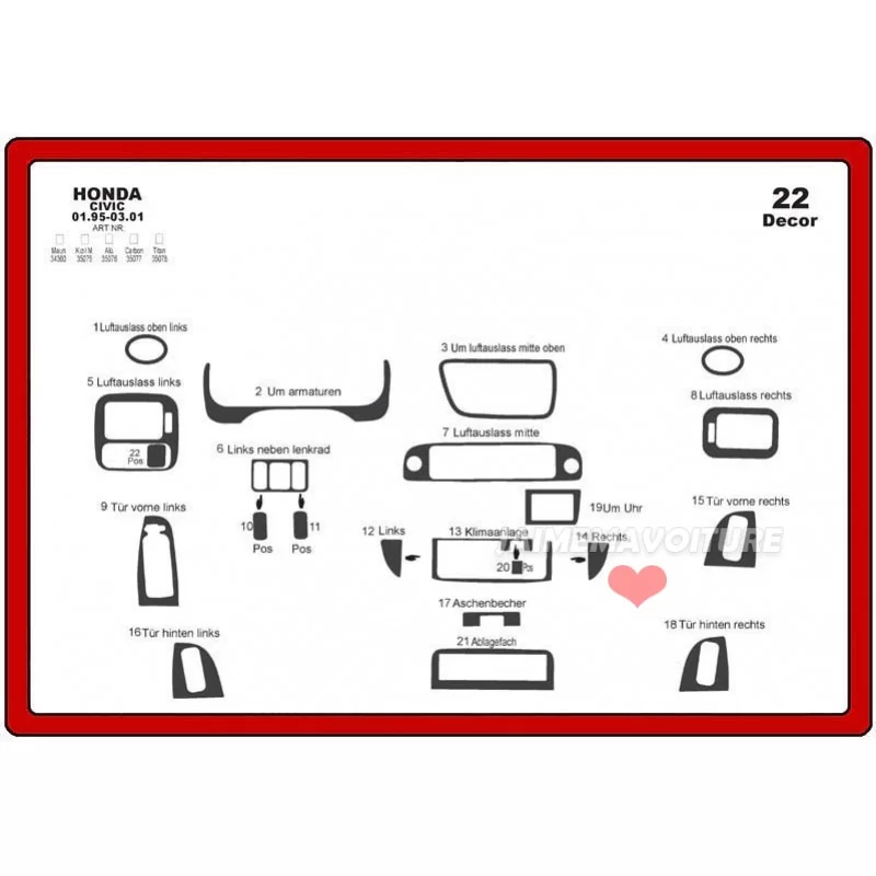 Instrumentbrädesinsats HONDA Civic 1995-2001 22 delar