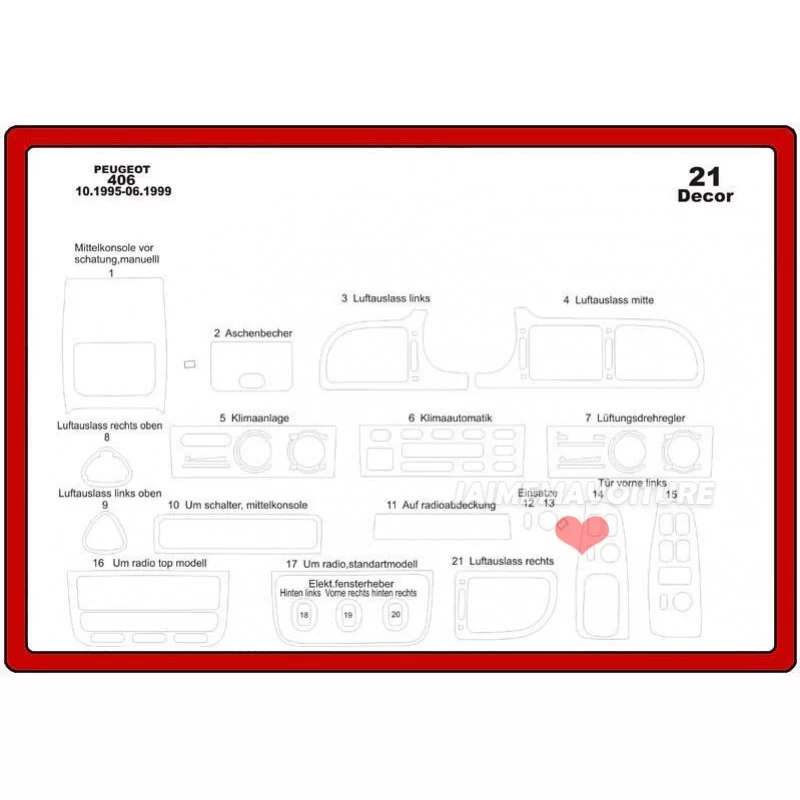 Inserto cruscotto PEUGEOT 406 1995-1999 21 pezzi