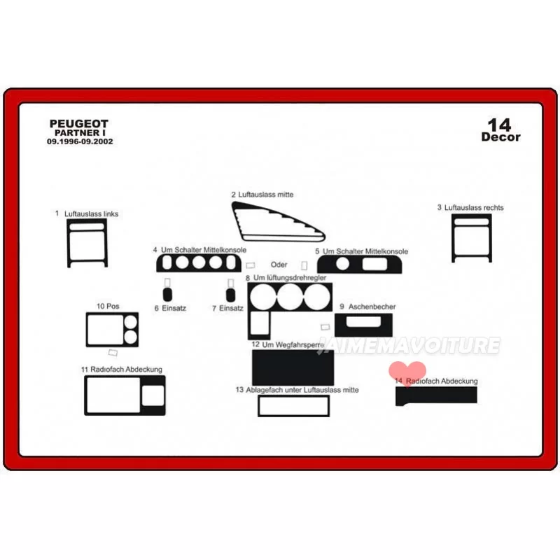 Insert tableau de bord PEUGEOT Partner 1996-2002 14 pièces