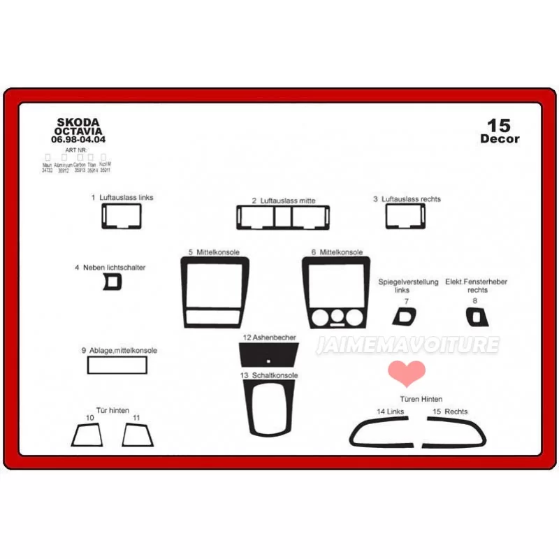 Dashboard insert SKODA Octavia 1998-2004 15 pieces