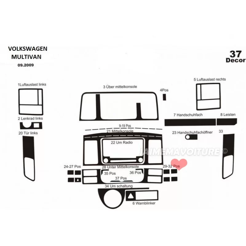 Dashboard insert VOLKSWAGEN Multivan T5 2009- 37 pieces