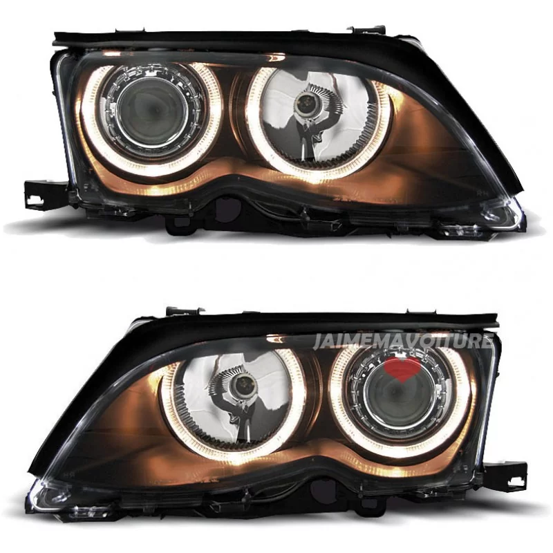 Fari anteriori Angel eyes per BMW E46 Sedan fase 2 Nero